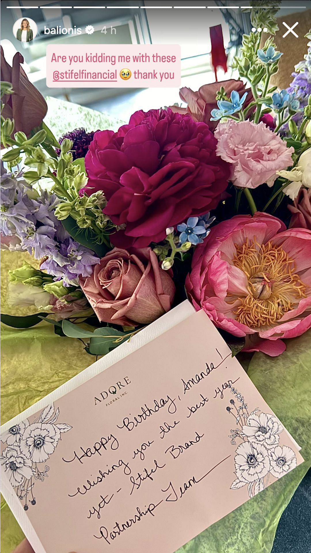 Amanda Balionis shares a sweet gesture by a financial firm (Image via Instagram/@balionis)